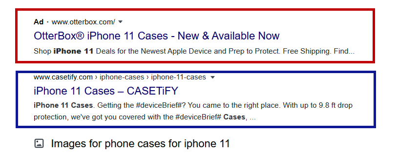 Google PPC Ad for iphone 11 cases